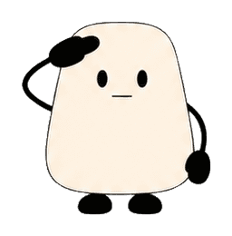 Cream-colored rounded character with black eyes and a raised salute pose.