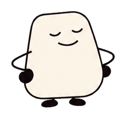 Cream-colored rounded character with closed eyes, smiling face, and puffed chest pose