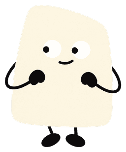 Cream-colored cartoon character walking tip toe with a sneaky expression and small black hands and feet.
