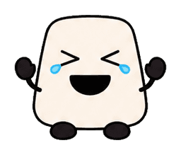 Cute square mascot with eyes squeezed shut and blue tears of laughter
