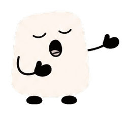 White rounded character with closed eyes and open mouth singing with a small black heart detail.