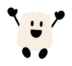 Cute square mascot character jumping with a happy face and raised arms.