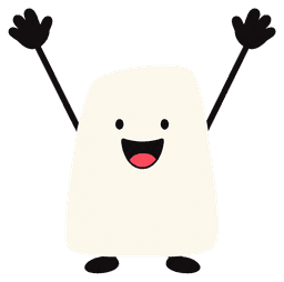 Cute white mascot character with raised arms and a happy smile