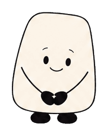 Cute rounded character with a small smile and hands clasped in a bow pose