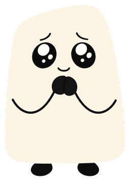 Cute cream-colored character with big eyes and clasped pleading hands.