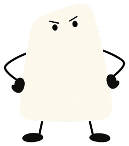 White rounded character with stern eyebrows, small black arms, and a confident stance.