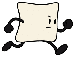 Cream square cartoon character running with a determined expression and black limbs