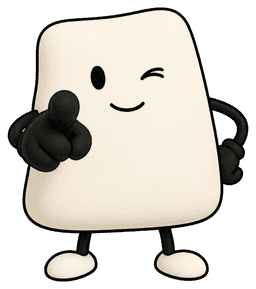 A smiling winking character pointing toward the viewer with one hand.