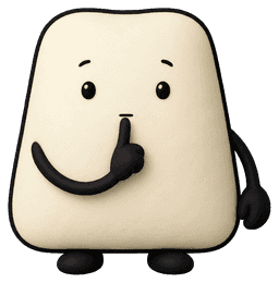Cute beige square character making a shush gesture with a finger over its mouth.