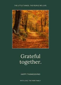 Portrait greeting card with autumn forest photo and the words Grateful together.