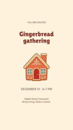 Portrait Instagram story template with gingerbread house illustration and holiday event details on a cream background.