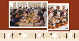 Two photos of people serving and sharing a Thanksgiving meal at a community dinner.