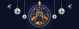 Dark blue New Year’s Eve party cover with champagne glasses, disco balls, and gold circles.