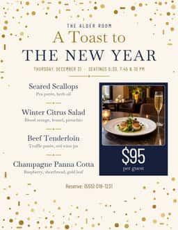 Portrait restaurant menu with gold confetti, New Year dinner title, menu items, and a $95 price panel.