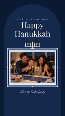 Happy Hanukkah story opener with a family photo, menorah, and dark blue background
