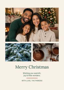 Portrait holiday card with a smiling family photo, snowy evergreen image, cocoa cups, and Merry Christmas text