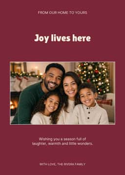 A family portrait holiday card with the words Joy lives here and a Christmas photo.