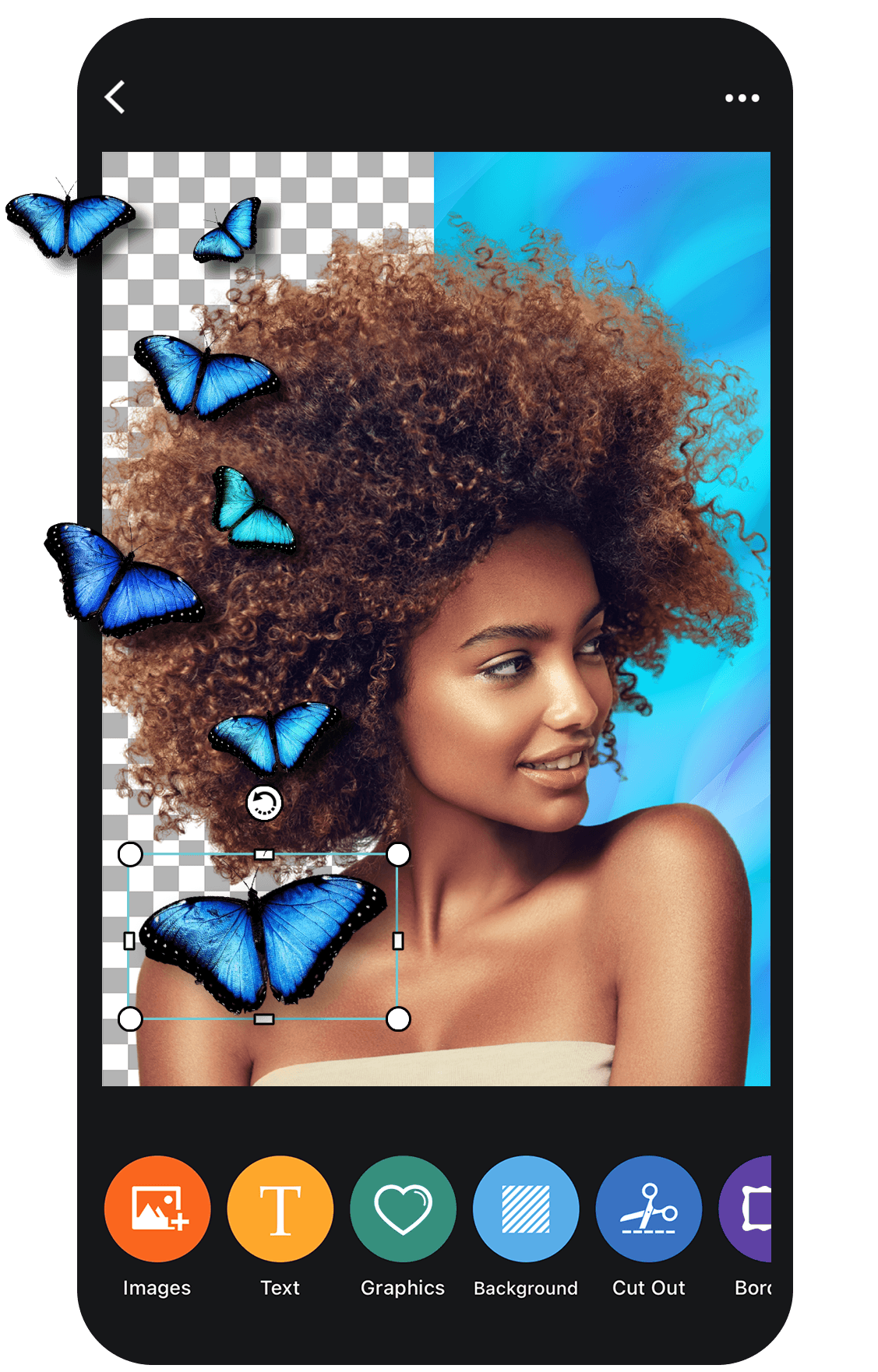 piZap mobile app, editor with cut-out and graphics