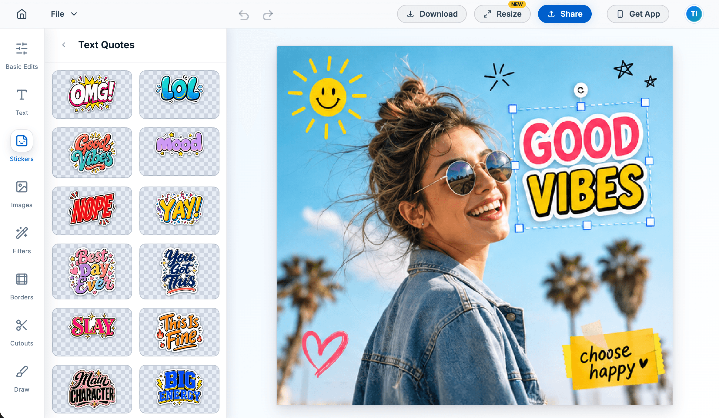 piZap web editor, stickers panel