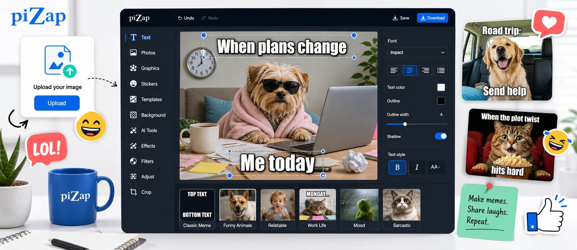 Build Memes with Captions, Stickers, and Style example created with piZap