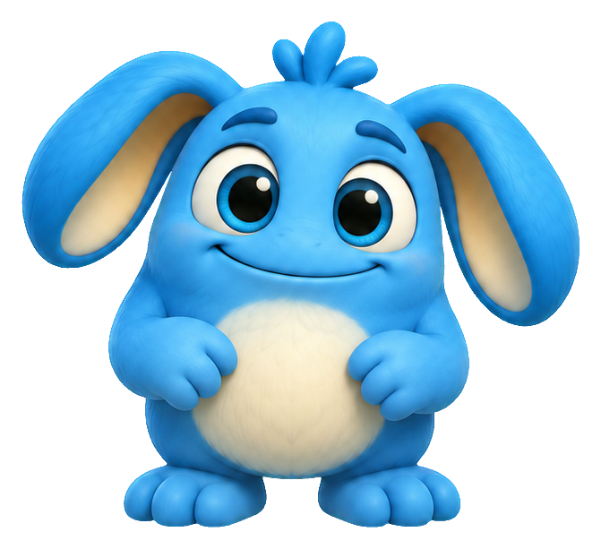 Cute 3D blue monster with long ears, big eyes, and a cream-colored belly