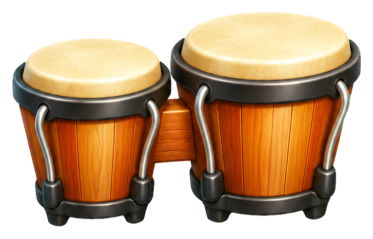 Two cute 3D cartoon bongos with tan drumheads and wooden sides.