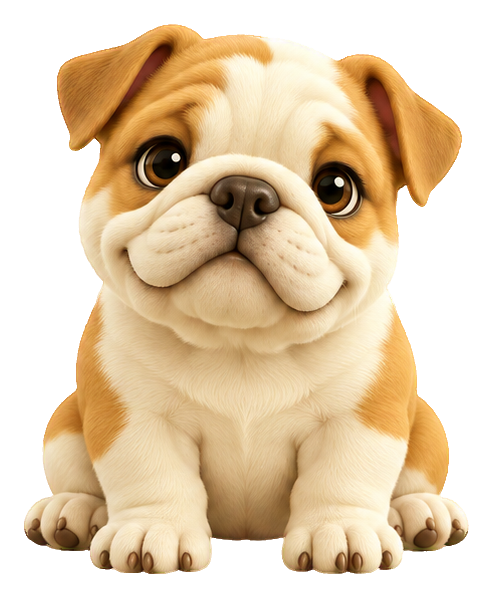 Cute 3D bulldog puppy sitting and facing forward as a sticker graphic.