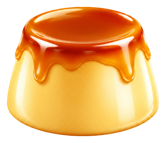 Shiny 3D caramel pudding dessert with glossy caramel topping and rounded custard shape
