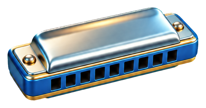 A shiny blue and silver 3D cartoon harmonica sticker