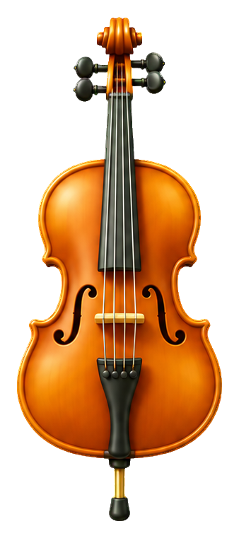 3D orange cello with dark strings and black tuning pegs on a transparent background.
