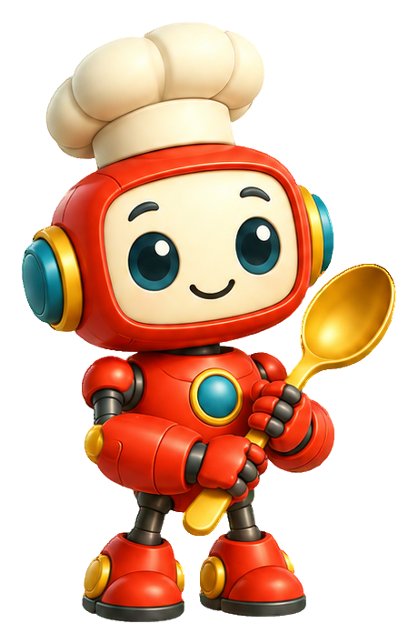 Cute 3D cartoon robot chef holding a spoon and wearing a chef hat.