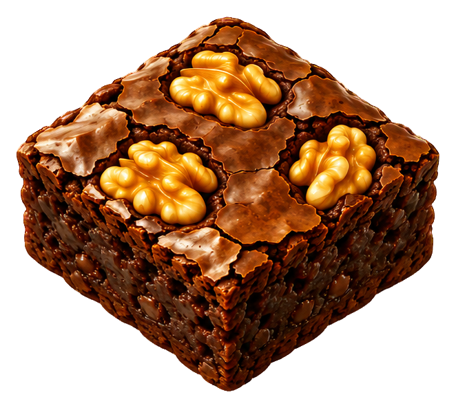 A 3D cartoon chocolate brownie with glossy topping and chunks on top.