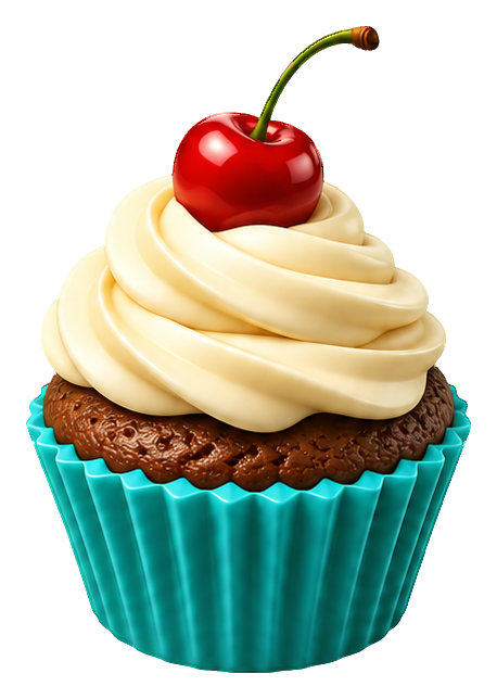 A 3D chocolate cupcake with cream swirls, cherry topper, and a turquoise wrapper.