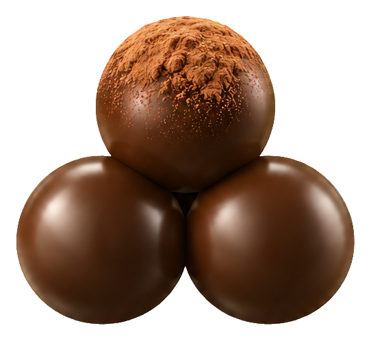 Three glossy chocolate truffles stacked in a triangle, with cocoa dusting on the top piece.