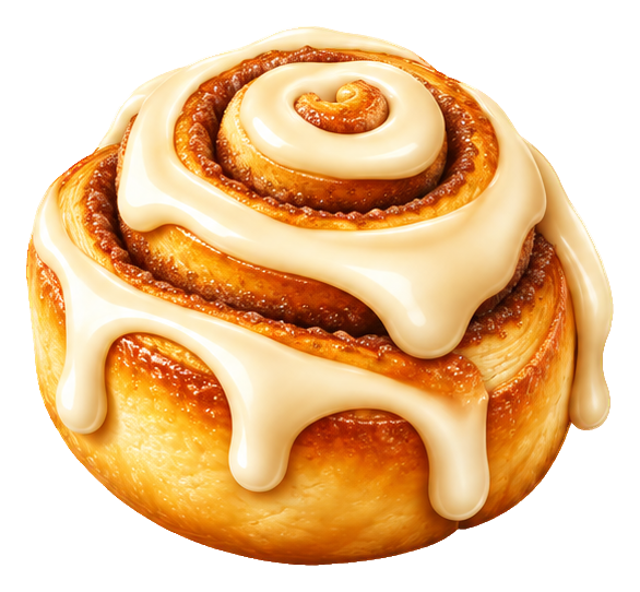 A cute 3D cartoon cinnamon roll with icing drizzled on top