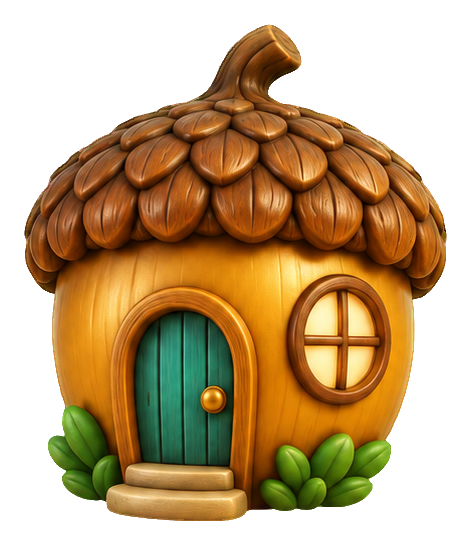 Cute 3D acorn cottage with a teal door, round window, and leafy accents.