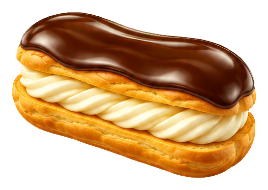 3D cream eclair pastry with glossy chocolate topping and cream filling