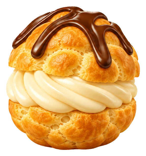 3D cream puff dessert with whipped filling and chocolate drizzle on top