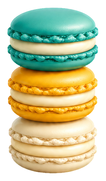 Stacked pastel macarons in teal, yellow, and cream arranged as a 3D dessert sticker.