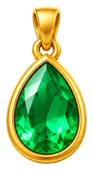 Green faceted emerald pendant with a gold frame and loop