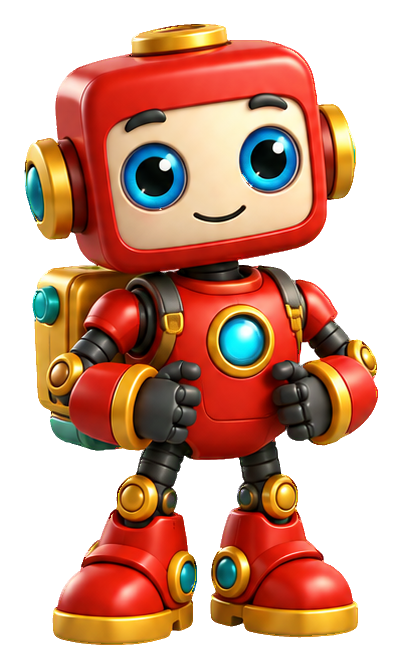 Red 3D cartoon explorer robot with big blue eyes and a backpack