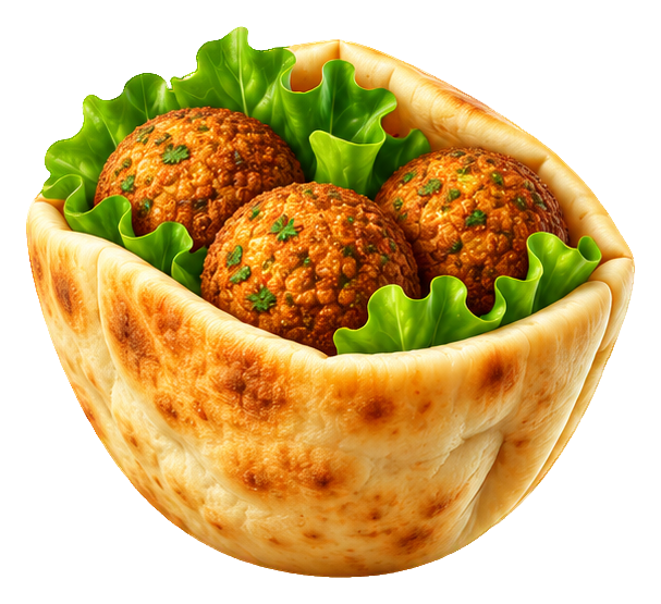3D cartoon falafel pita snack in a round pita bowl with lettuce leaves
