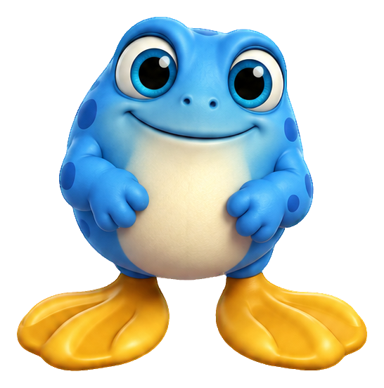 Cute blue 3D monster with wide yellow feet and a friendly smile