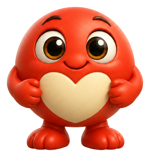 Cute red 3D monster holding a cream heart-shaped belly and smiling