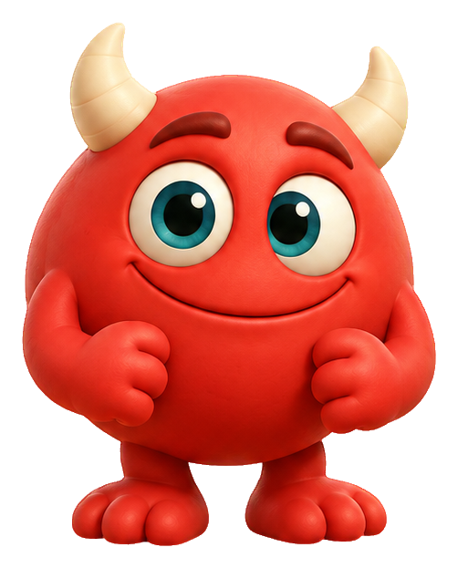 Cute red 3D monster with cream-colored horns and big blue eyes smiling.
