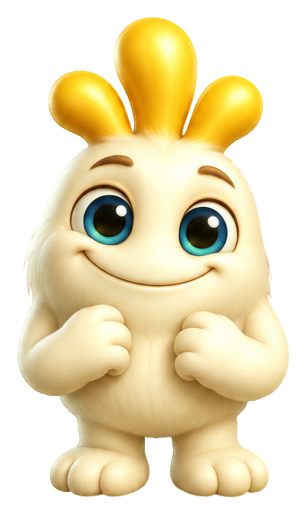 Cute ivory 3D monster with blue eyes, rounded crown tuft, and clasped hands.