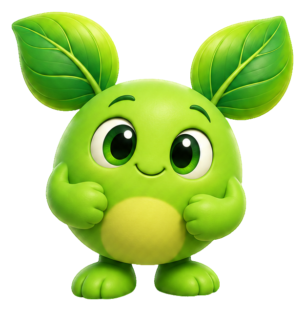 Cute green 3D monster with leaf-shaped ears, big eyes, and a small smiling body.