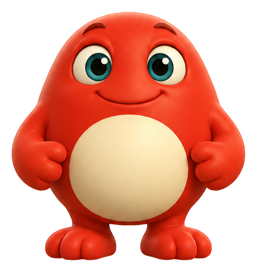 Cute red 3D monster with big eyes and a cream-colored belly