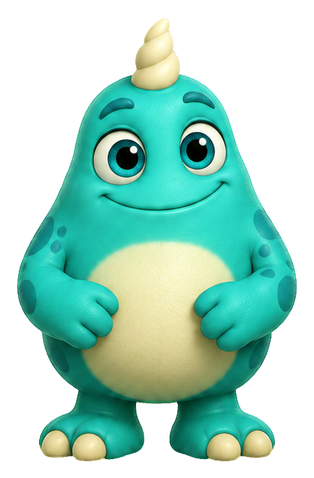 Cute teal 3D monster with a spiral horn and round belly smiling forward