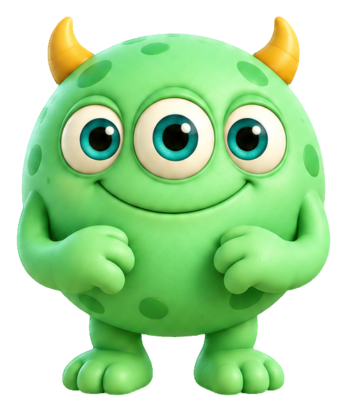 Mint green three-eyed cartoon monster with small yellow horns and a friendly pose.